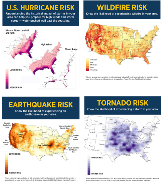 Heatmaps showing the likelihood of a Hurricane, Wildfire, Earthquake, or Tornado risk in different parts of the United States pulled from USAA which uses NOAA’s National Weather Service Databases.  